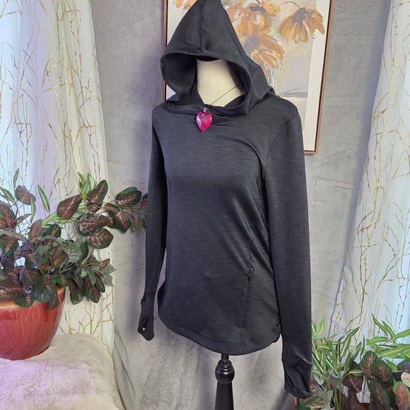 Athleta Tops - Athleta Black‎ Heathered Hoodie Thumbholes Zipper Pocket Athletic Top XS